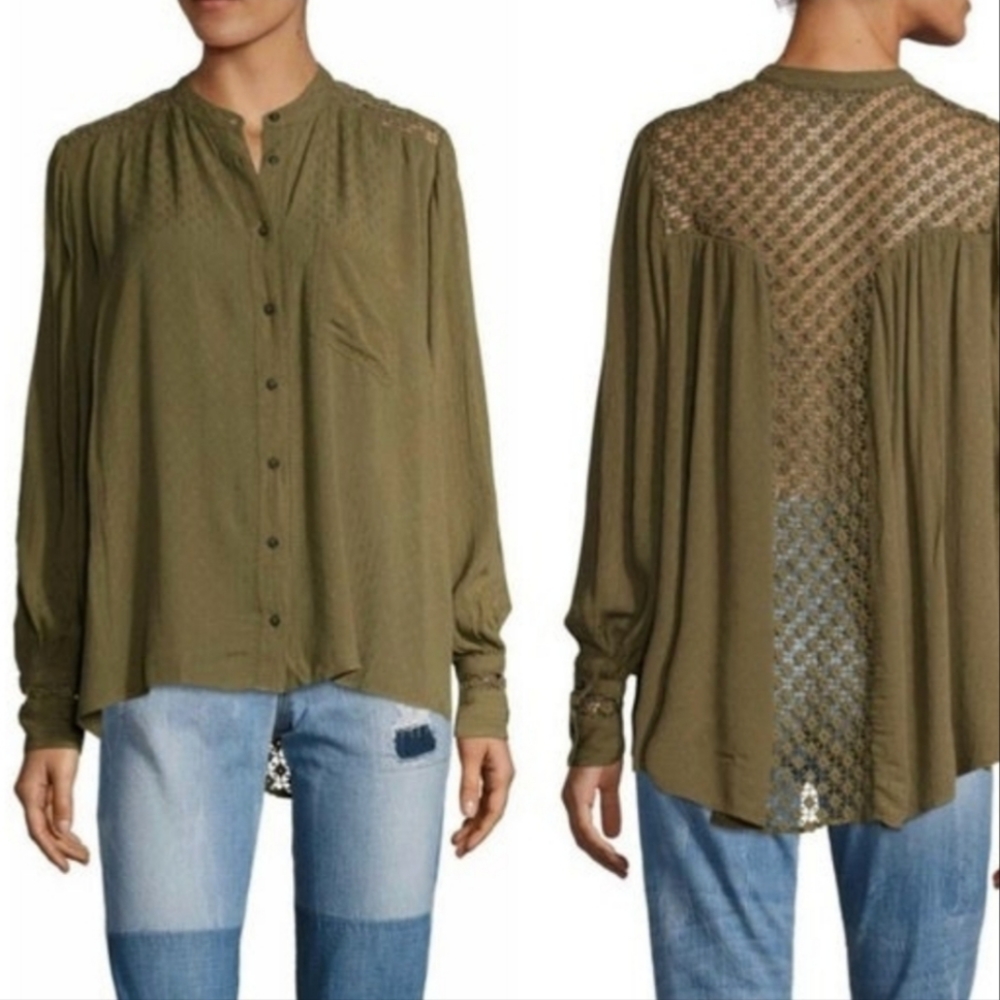 Free people button front olive green blouse, crochet detail women's size medium